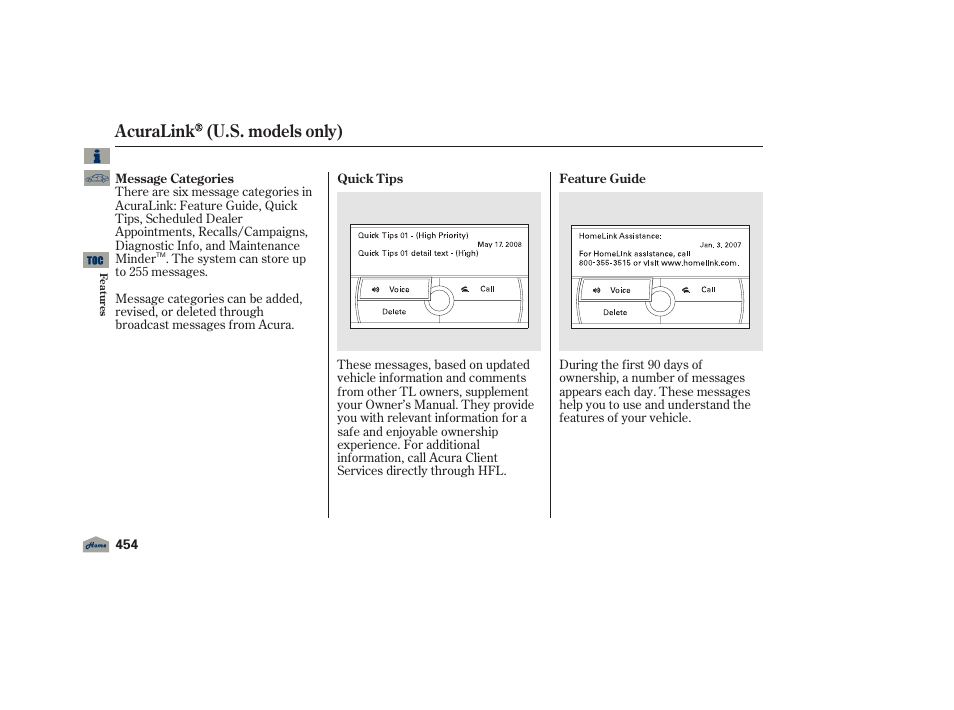 Acuralink (u.s. models only) | Acura 2012 TL User Manual | Page 458 / 650