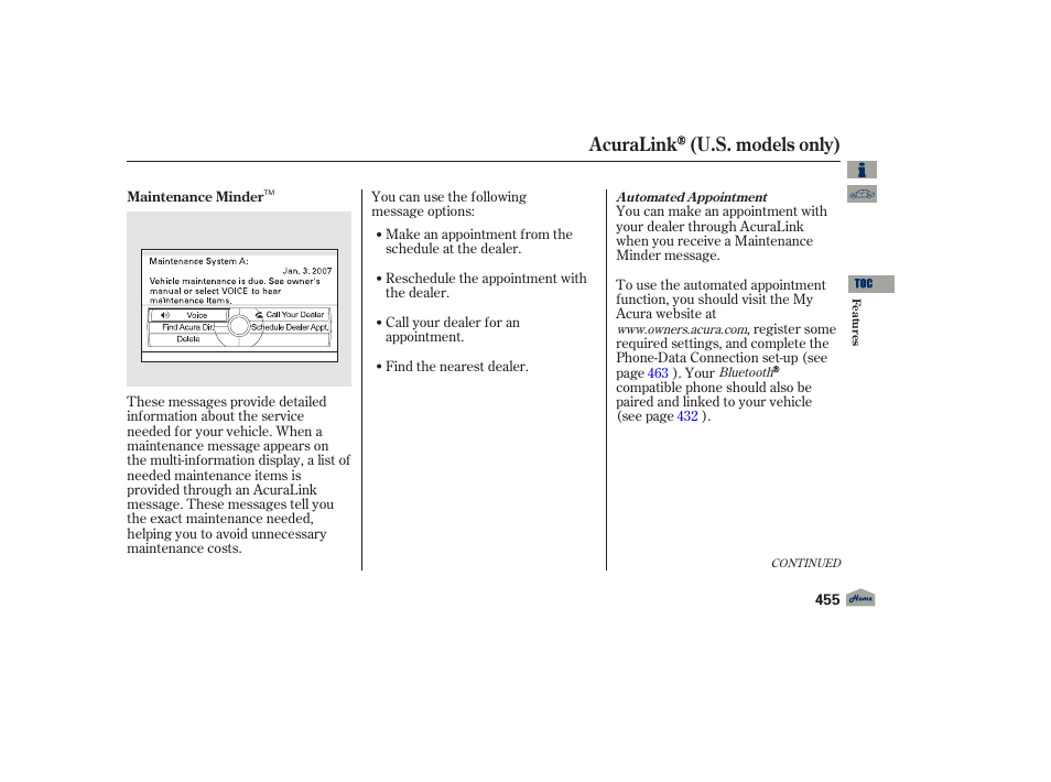 Acuralink (u.s. models only) | Acura 2012 TL User Manual | Page 459 / 650