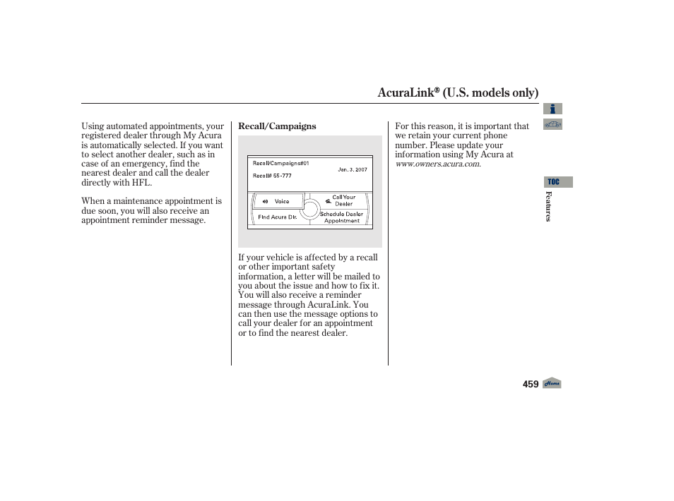 Acuralink (u.s. models only) | Acura 2012 TL User Manual | Page 463 / 650