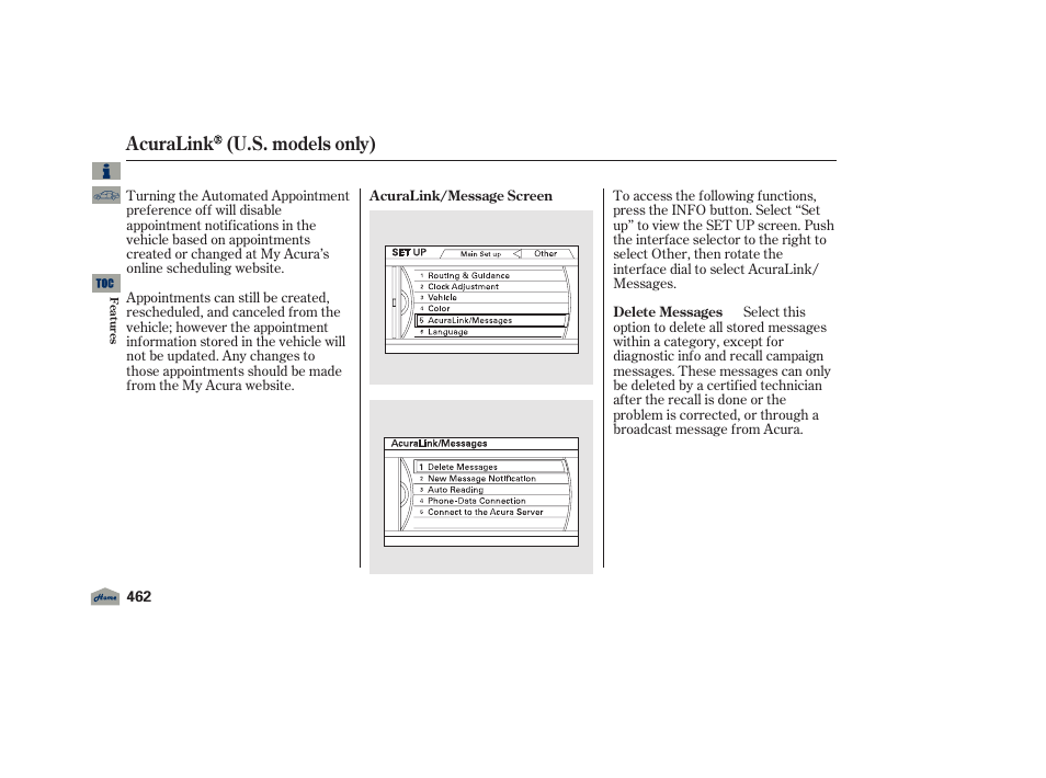 Acuralink (u.s. models only) | Acura 2012 TL User Manual | Page 466 / 650
