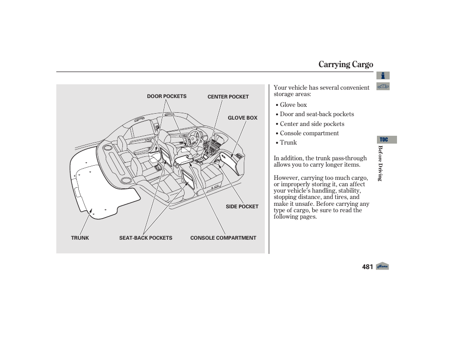Carrying cargo, 2012 tl | Acura 2012 TL User Manual | Page 485 / 650