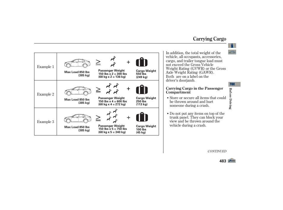 Carrying cargo, 2012 tl | Acura 2012 TL User Manual | Page 487 / 650