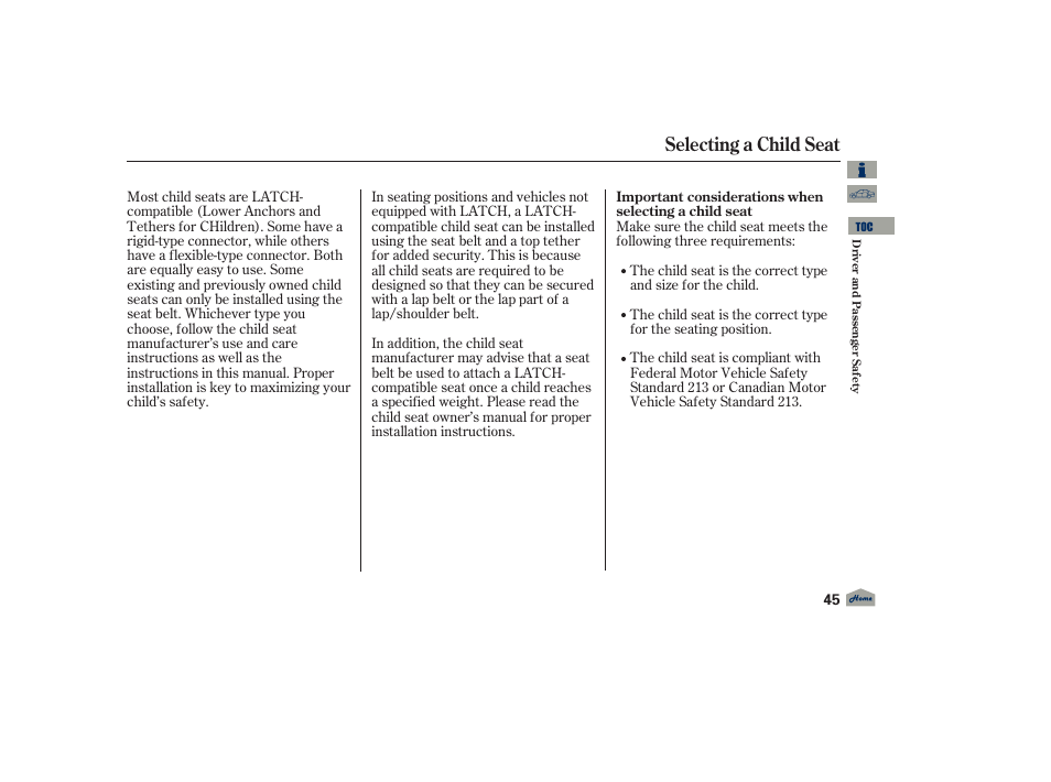 Selecting a child seat | Acura 2012 TL User Manual | Page 49 / 650