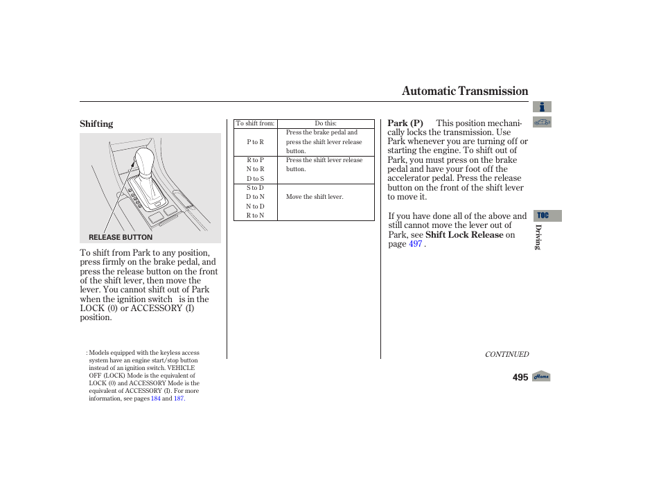 Automatic transmission, 2012 tl | Acura 2012 TL User Manual | Page 499 / 650