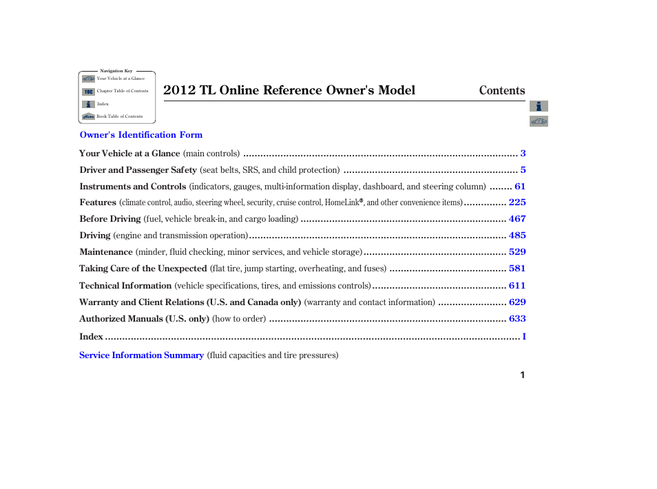 Acura 2012 TL User Manual | Page 5 / 650