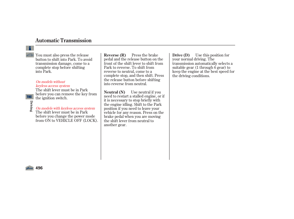 Automatic transmission | Acura 2012 TL User Manual | Page 500 / 650