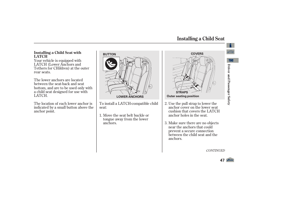 Installing a child seat, 2012 tl | Acura 2012 TL User Manual | Page 51 / 650