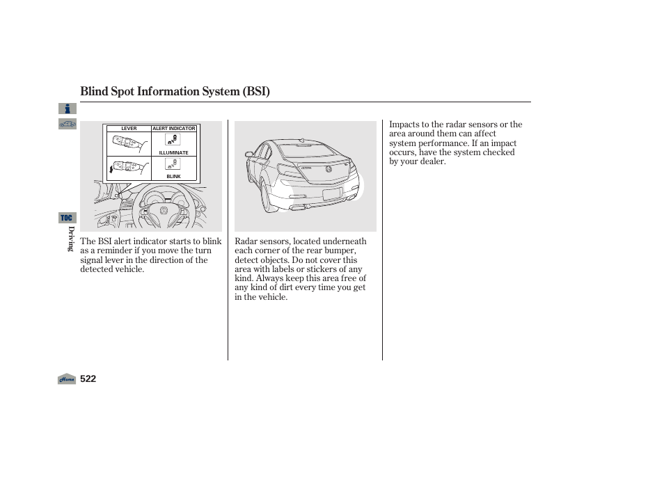 Blind spot information system (bsi), 2012 tl | Acura 2012 TL User Manual | Page 526 / 650