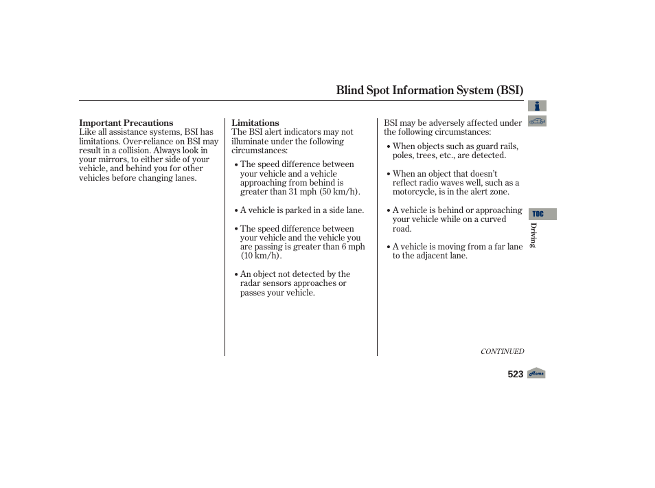 Blind spot information system (bsi) | Acura 2012 TL User Manual | Page 527 / 650