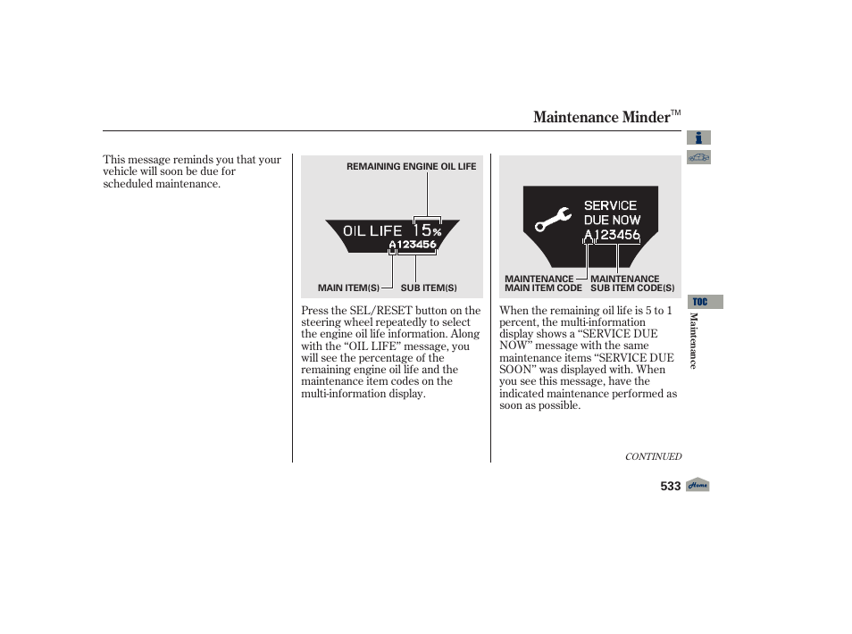Maintenance minder, 2012 tl | Acura 2012 TL User Manual | Page 537 / 650