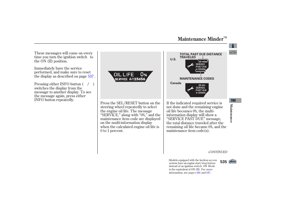 Maintenance minder, 2012 tl | Acura 2012 TL User Manual | Page 539 / 650
