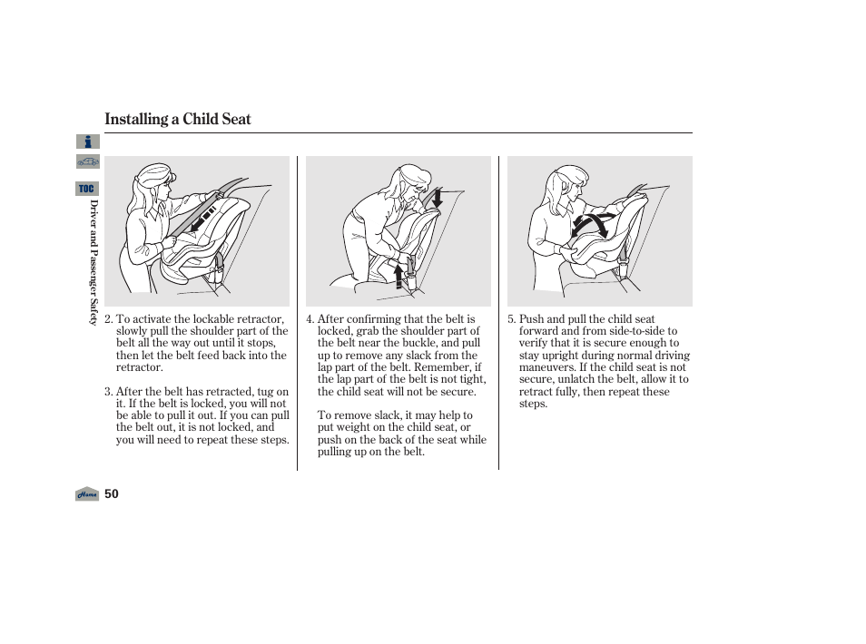 Installing a child seat | Acura 2012 TL User Manual | Page 54 / 650
