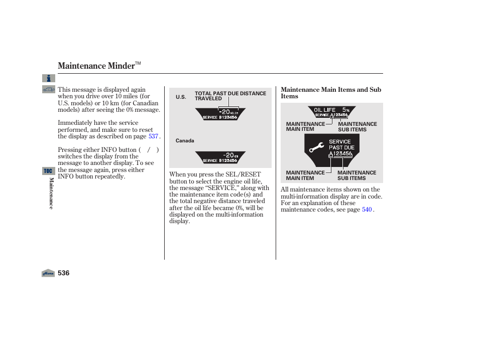 Maintenance minder, 2012 tl | Acura 2012 TL User Manual | Page 540 / 650