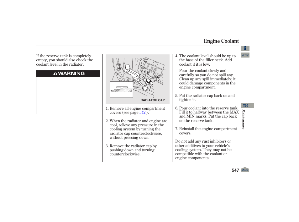 Radiator cap, Engine coolant | Acura 2012 TL User Manual | Page 551 / 650