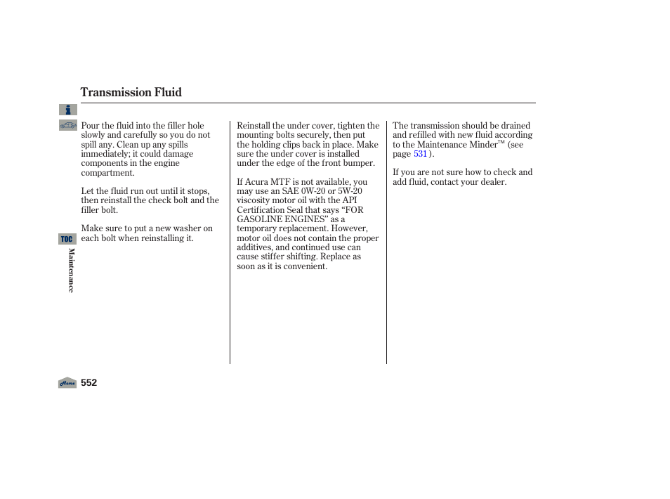 Transmission fluid | Acura 2012 TL User Manual | Page 556 / 650