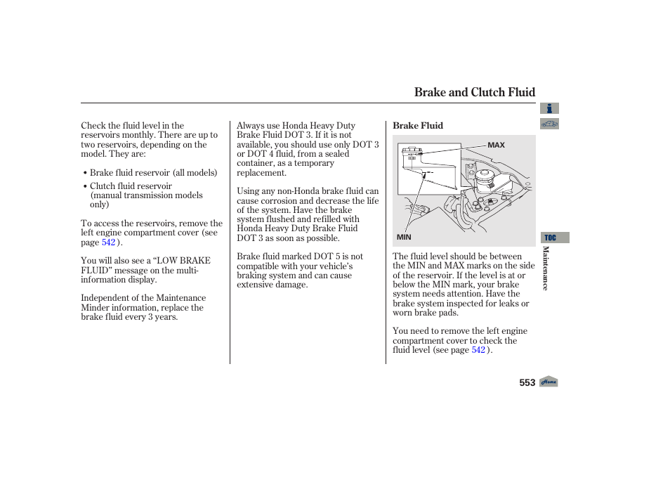 Brake fluid, Brake and clutch fluid | Acura 2012 TL User Manual | Page 557 / 650