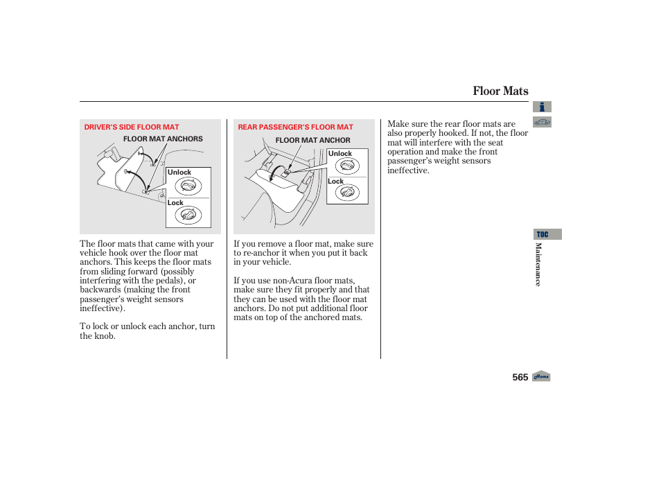 Floor mats, 2012 tl | Acura 2012 TL User Manual | Page 569 / 650