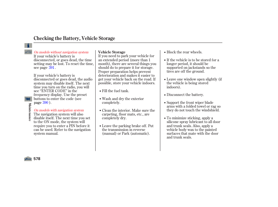 Checking the battery, vehicle storage | Acura 2012 TL User Manual | Page 582 / 650