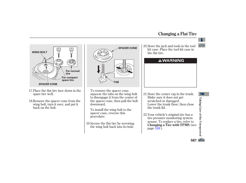 Changing a flat tire, 2012 tl | Acura 2012 TL User Manual | Page 591 / 650