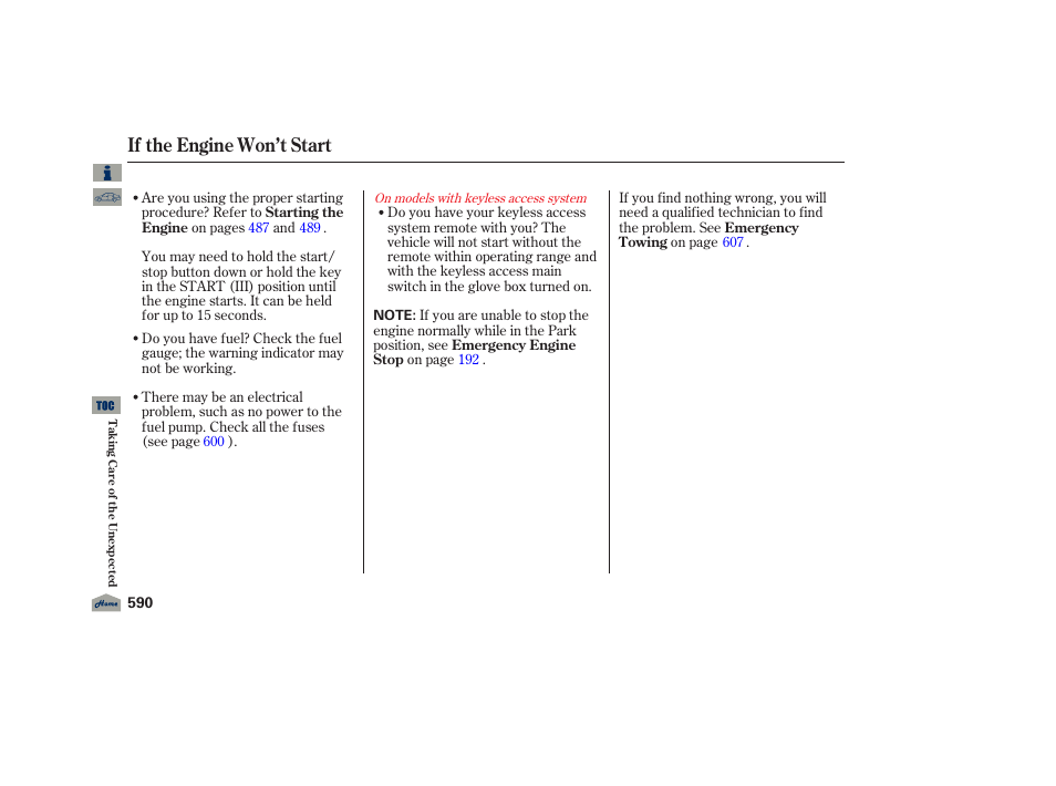 If the engine won’t start | Acura 2012 TL User Manual | Page 594 / 650