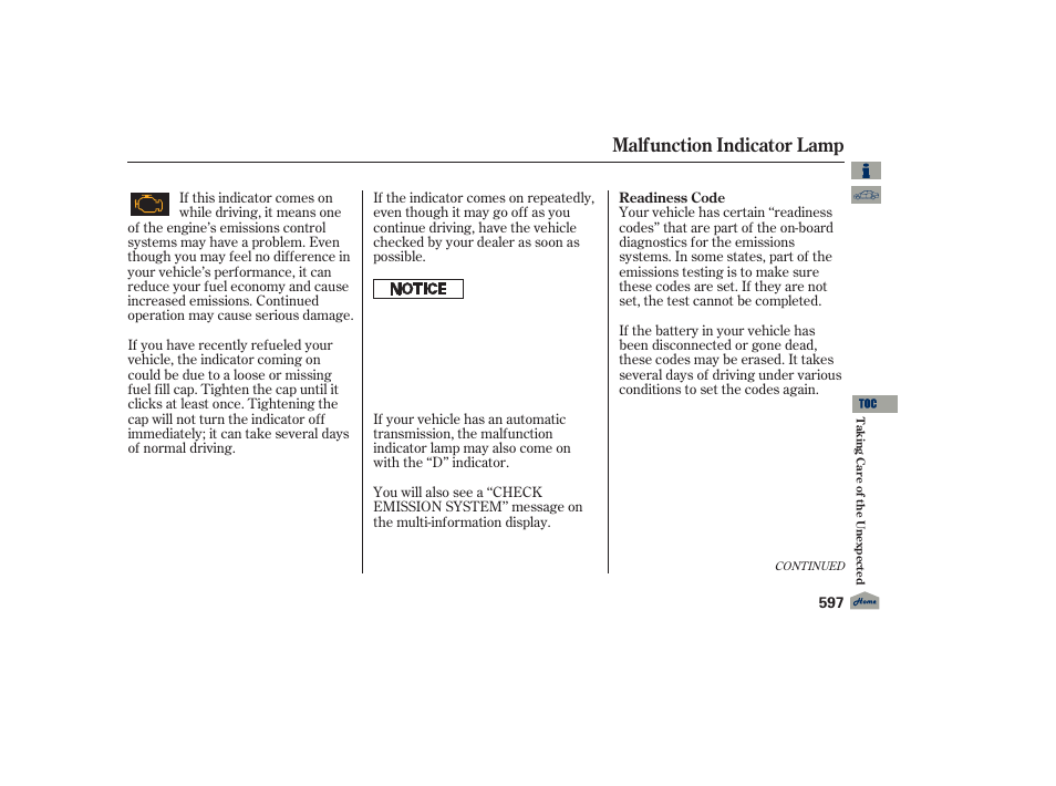 Malfunction indicator lamp, 2012 tl | Acura 2012 TL User Manual | Page 601 / 650