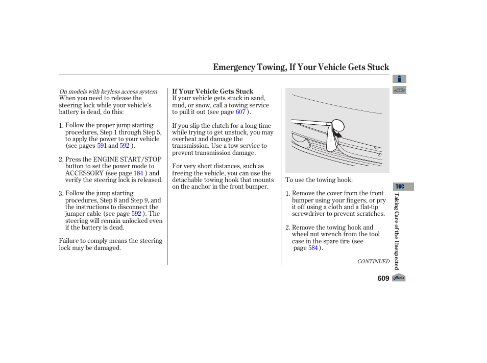 Emergency towing, if your vehicle gets stuck | Acura 2012 TL User Manual | Page 613 / 650