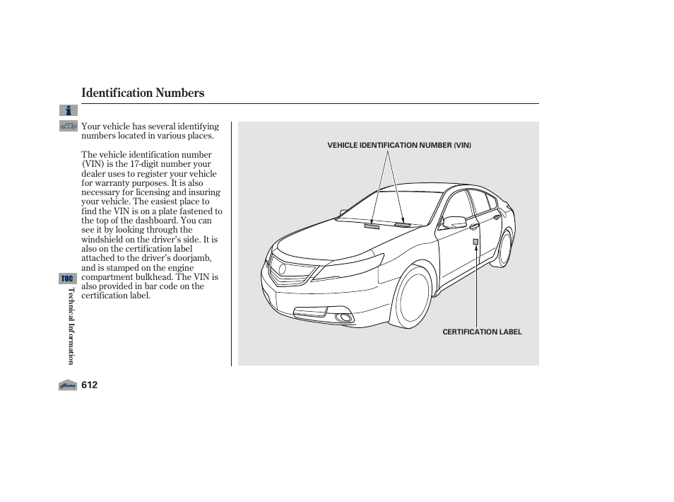 Identification numbers, 2012 tl | Acura 2012 TL User Manual | Page 616 / 650