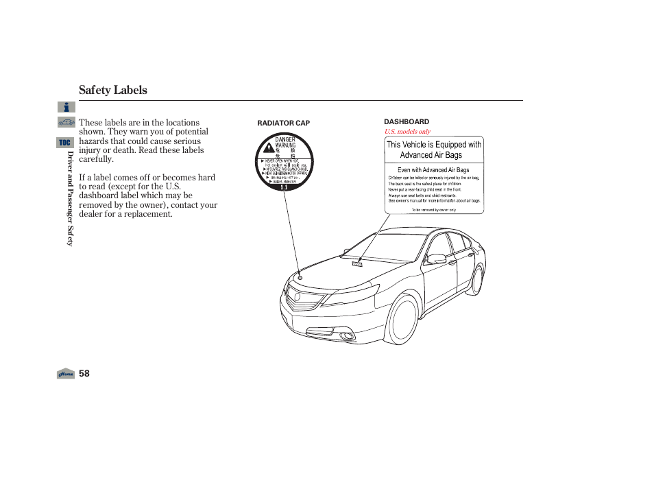 Safety labels, 2012 tl | Acura 2012 TL User Manual | Page 62 / 650