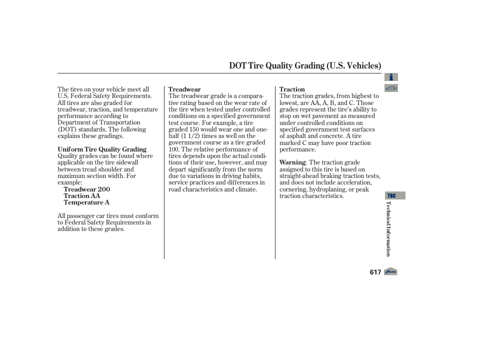 Dot tire quality grading (u.s. vehicles) | Acura 2012 TL User Manual | Page 621 / 650