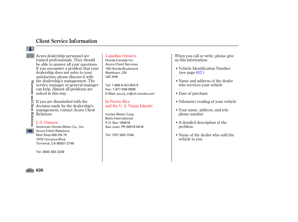 Client service information, 2012 tl | Acura 2012 TL User Manual | Page 634 / 650