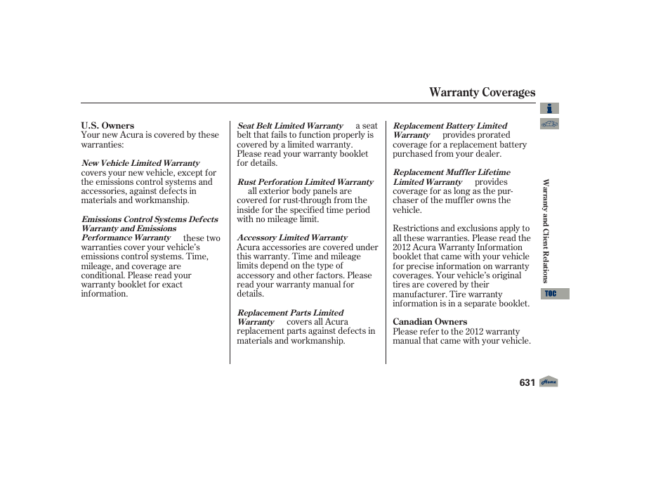 Warranty coverages, 2012 tl | Acura 2012 TL User Manual | Page 635 / 650