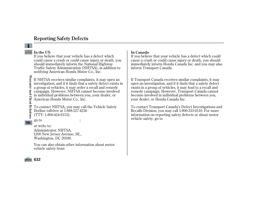 Reporting safety defects, 2012 tl | Acura 2012 TL User Manual | Page 636 / 650