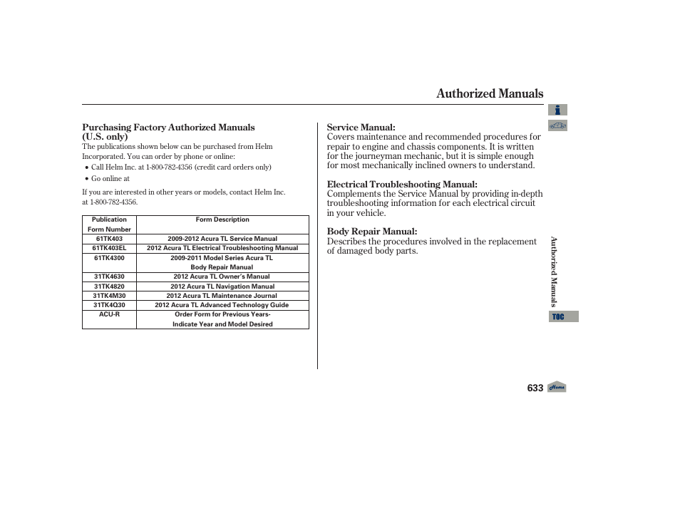 Authorized manuals, 2012 tl | Acura 2012 TL User Manual | Page 637 / 650