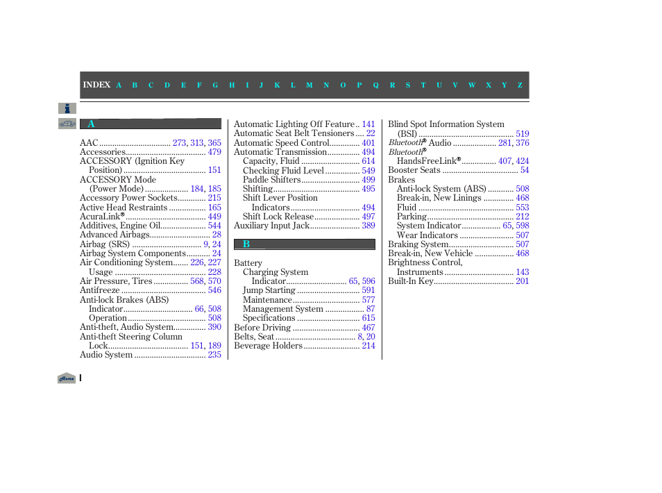 Index | Acura 2012 TL User Manual | Page 638 / 650