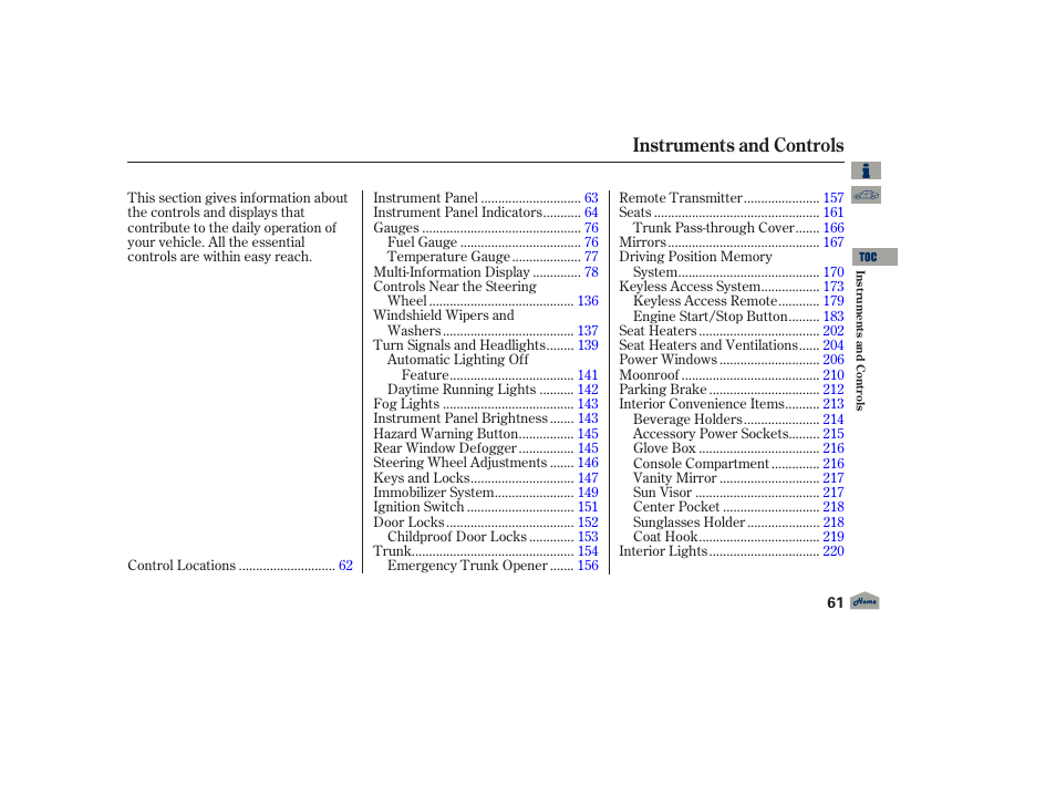 Instruments and controls | Acura 2012 TL User Manual | Page 65 / 650