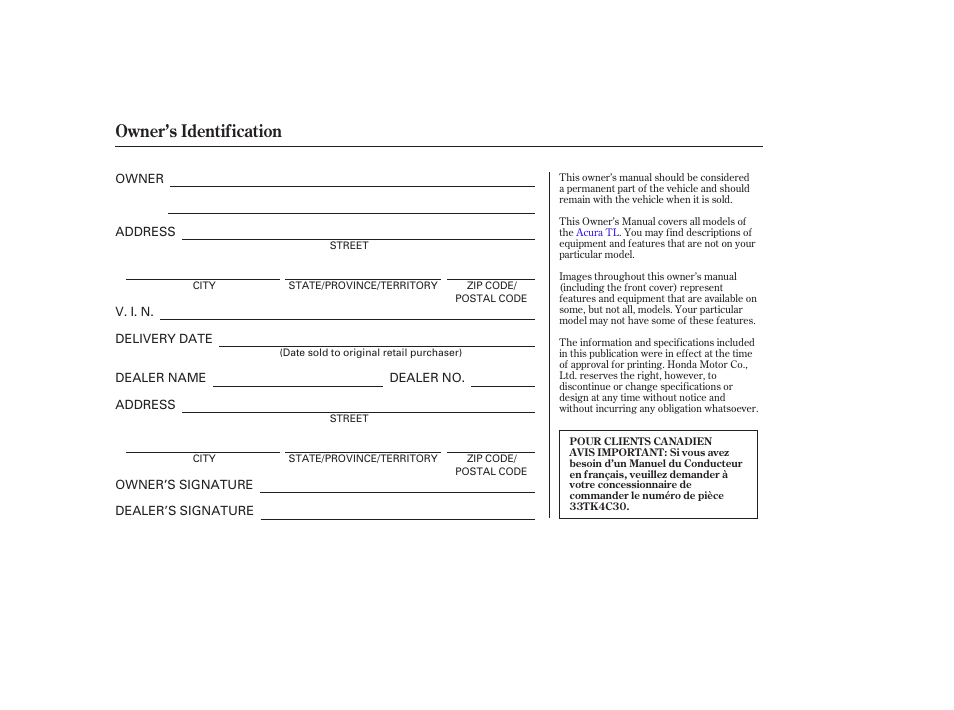 Owner's identification form, Owner’s identification, 2012 tl | Acura 2012 TL User Manual | Page 650 / 650