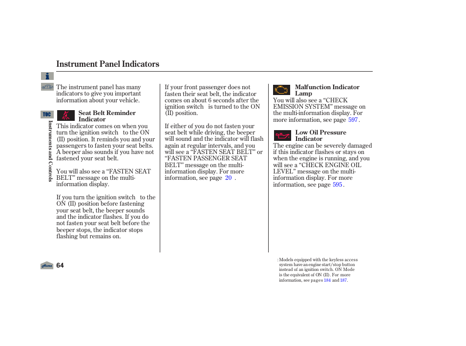 Instrument panel indicators, 2012 tl | Acura 2012 TL User Manual | Page 68 / 650