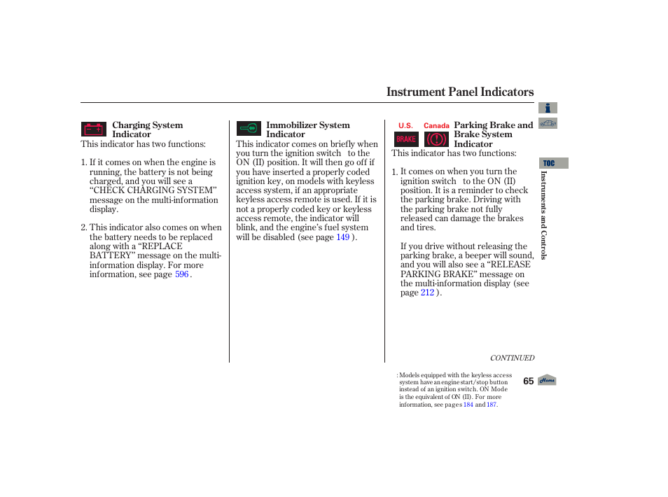Instrument panel indicators, 2012 tl | Acura 2012 TL User Manual | Page 69 / 650