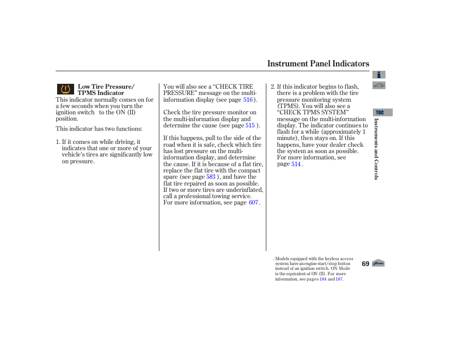 Instrument panel indicators, 2012 tl | Acura 2012 TL User Manual | Page 73 / 650