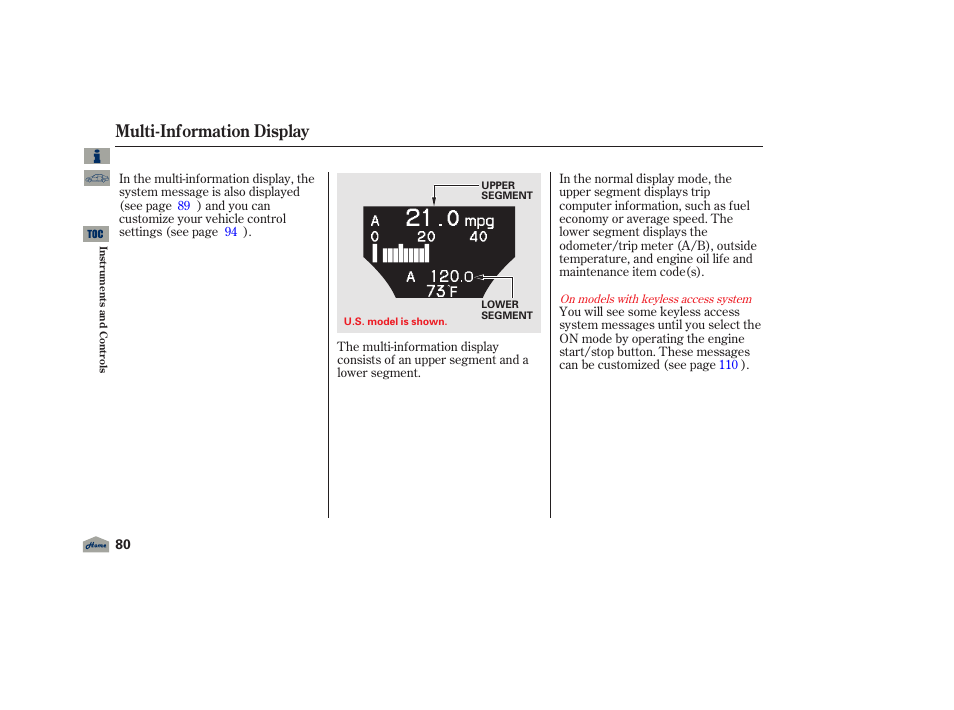 Multi-information display, 2012 tl | Acura 2012 TL User Manual | Page 84 / 650