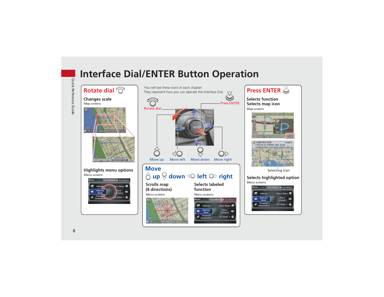 Interface dial/enter button operation | Acura 2012 ZDX Navigation User Manual | Page 10 / 251