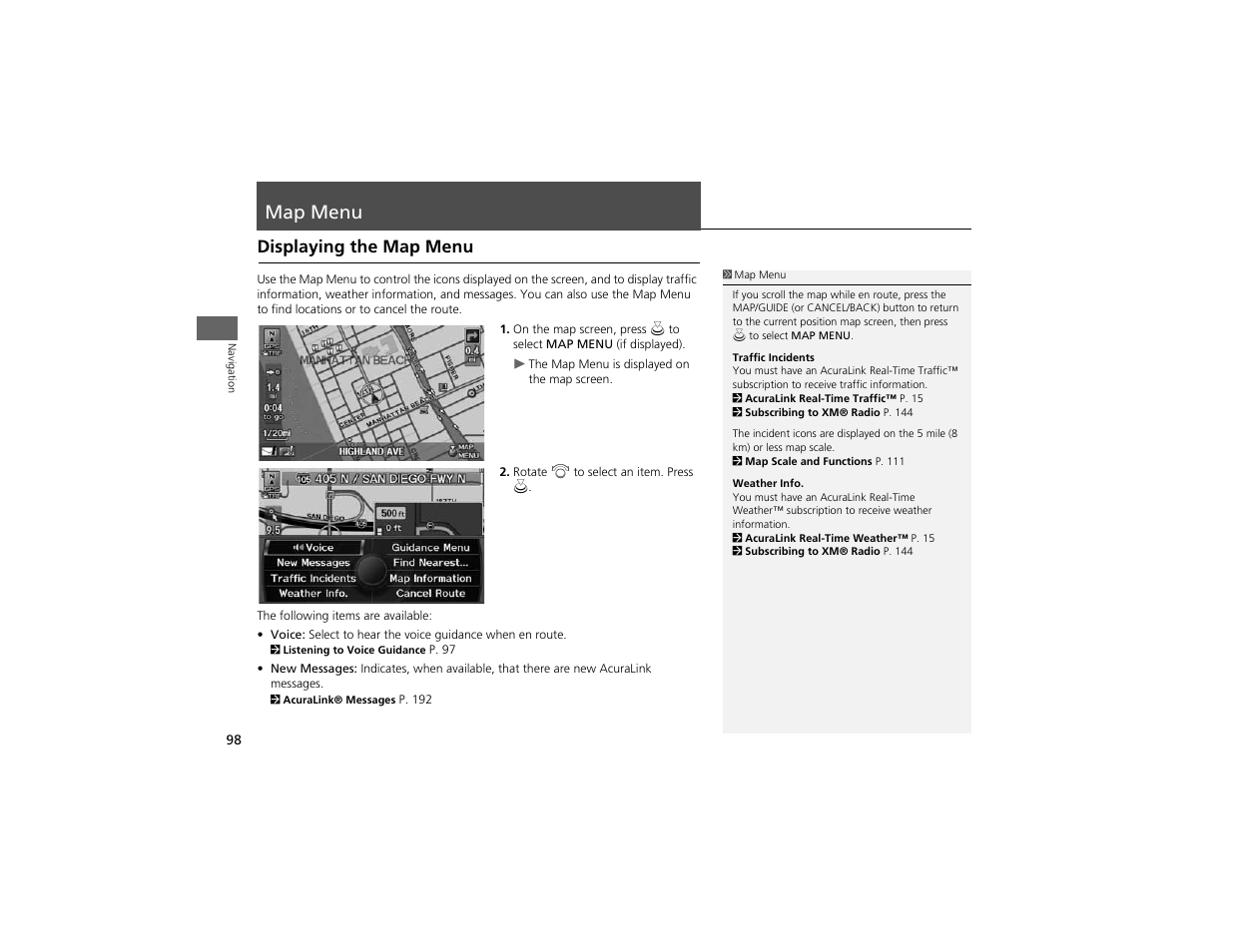 Map menu, Displaying the map menu | Acura 2012 ZDX Navigation User Manual | Page 100 / 251