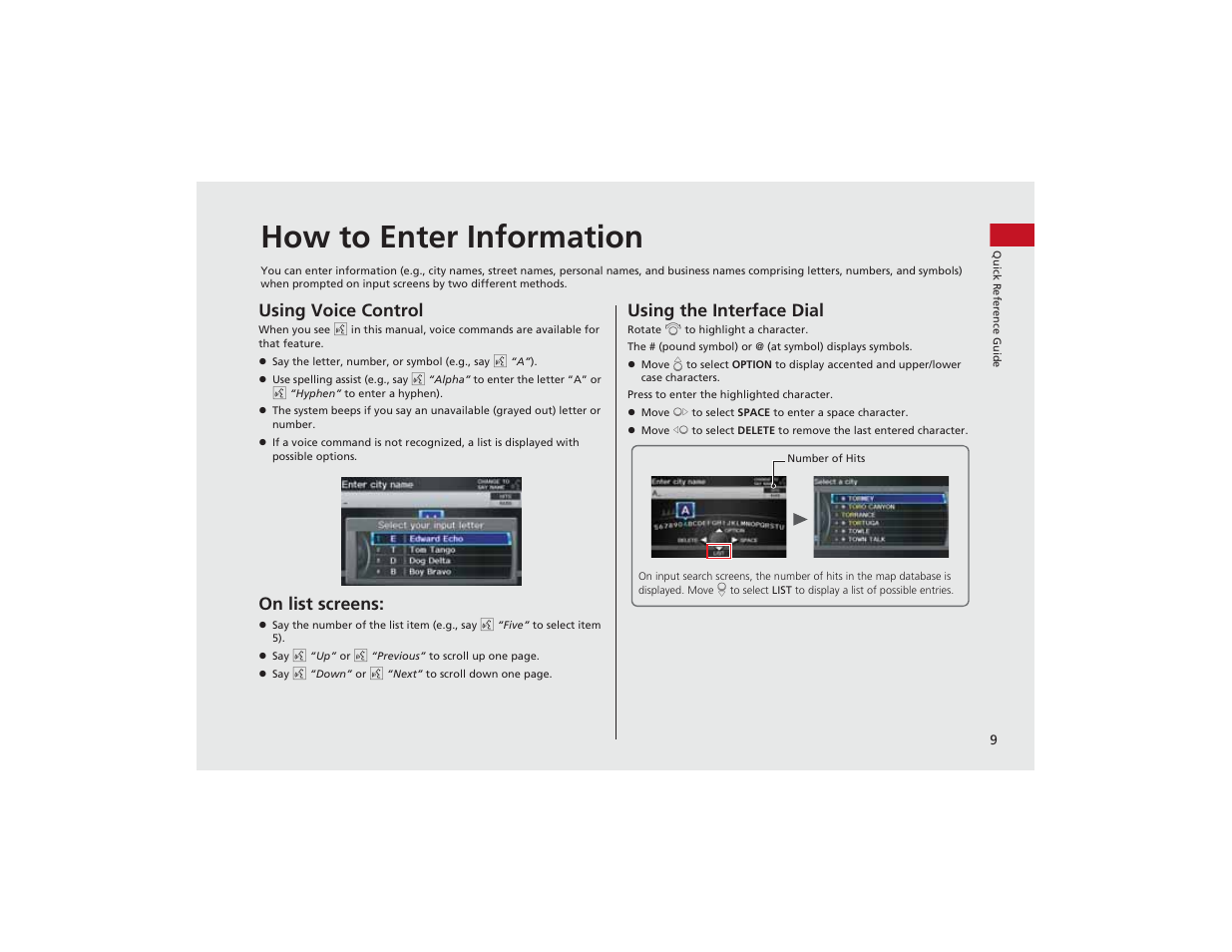 How to enter information, Using voice control, On list screens | Using the interface dial | Acura 2012 ZDX Navigation User Manual | Page 11 / 251