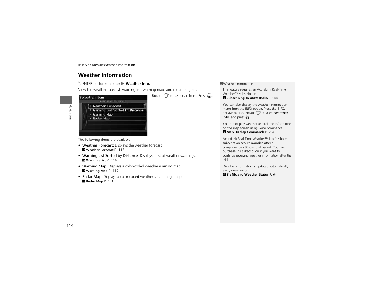Weather information | Acura 2012 ZDX Navigation User Manual | Page 116 / 251