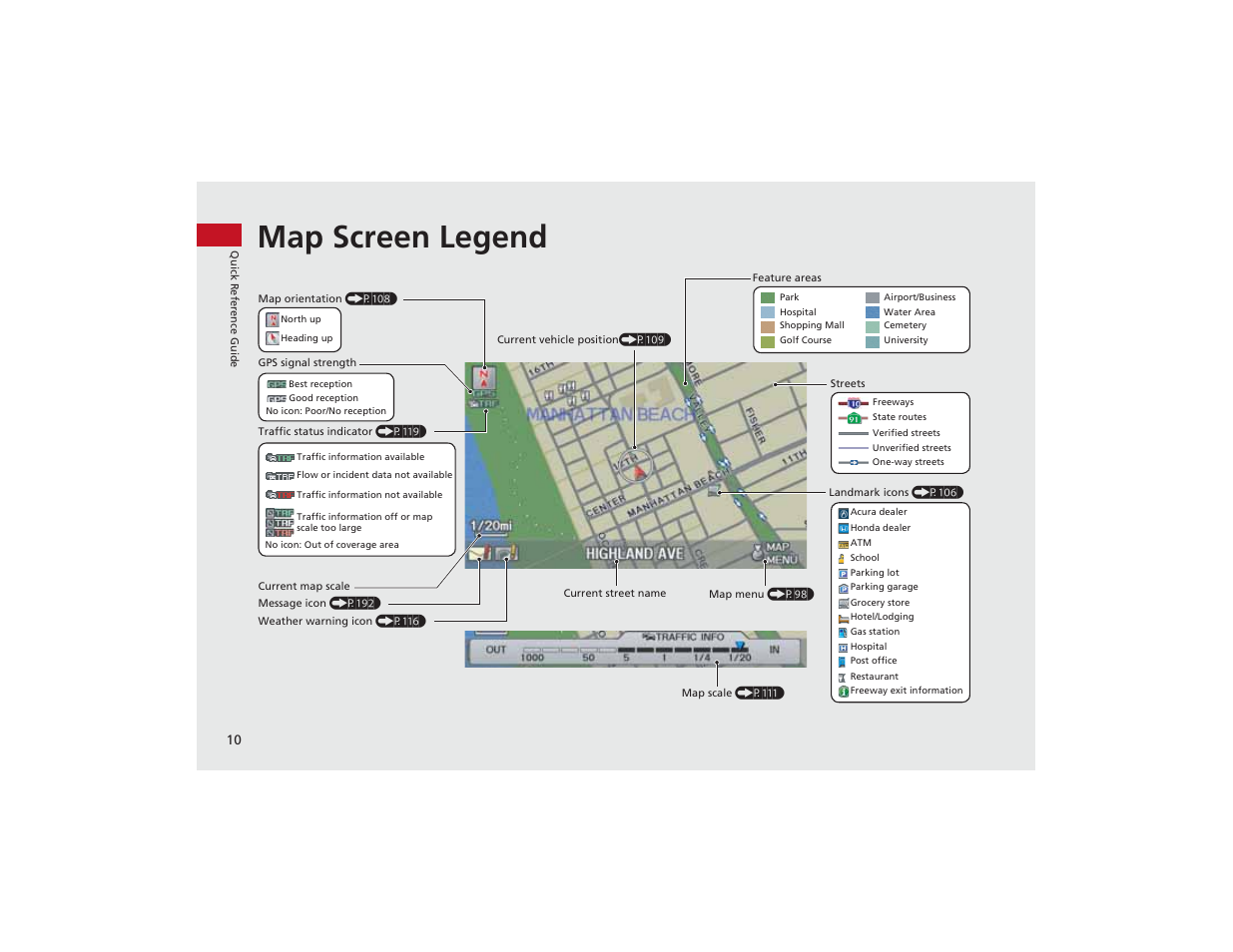 Map screen legend | Acura 2012 ZDX Navigation User Manual | Page 12 / 251