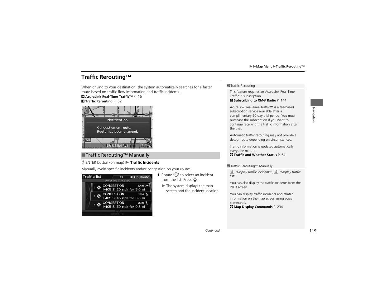 Traffic rerouting | Acura 2012 ZDX Navigation User Manual | Page 121 / 251