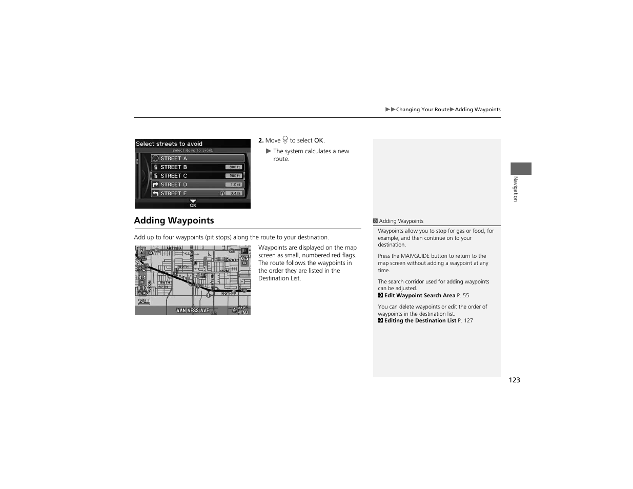Adding waypoints | Acura 2012 ZDX Navigation User Manual | Page 125 / 251
