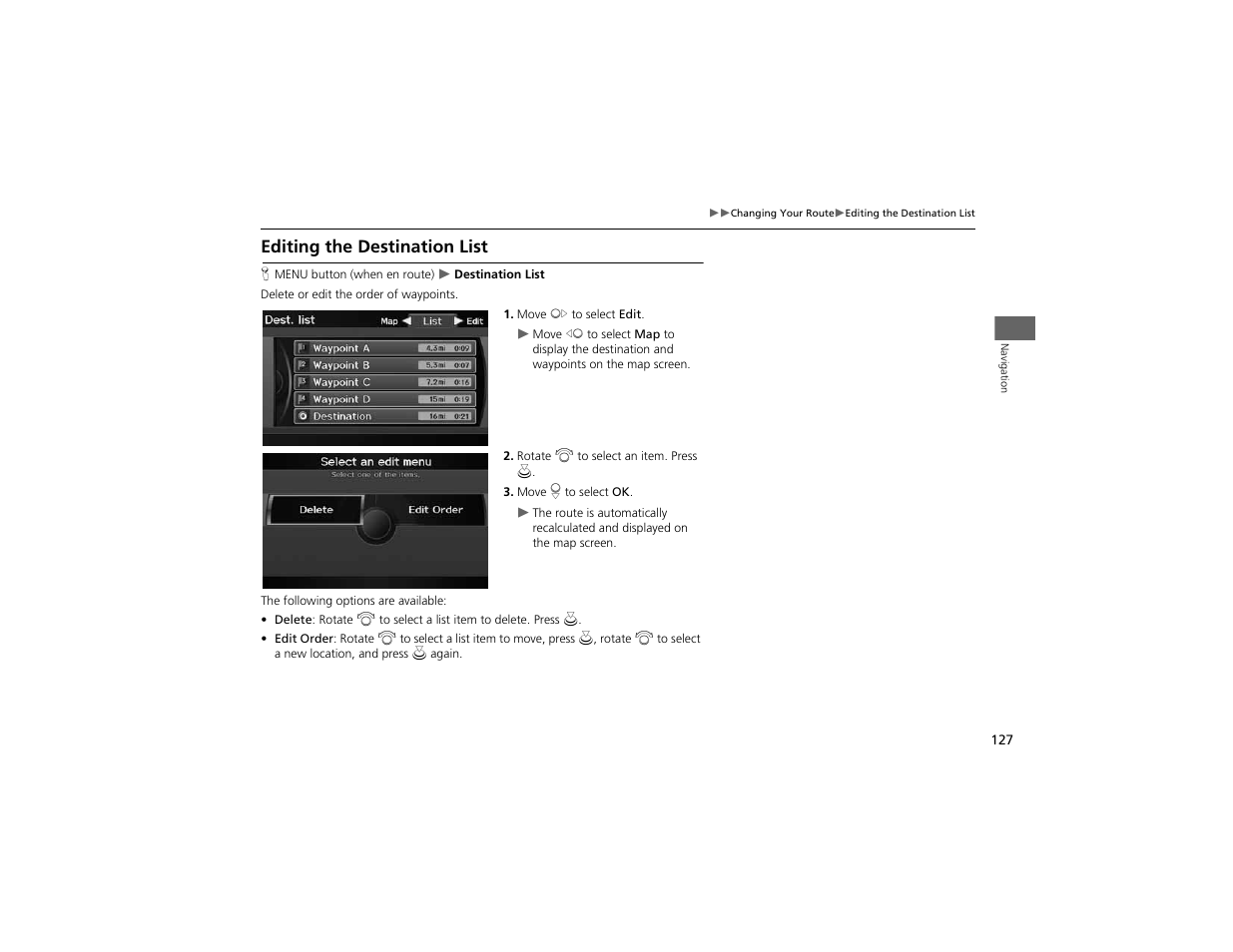 Editing the destination list | Acura 2012 ZDX Navigation User Manual | Page 129 / 251