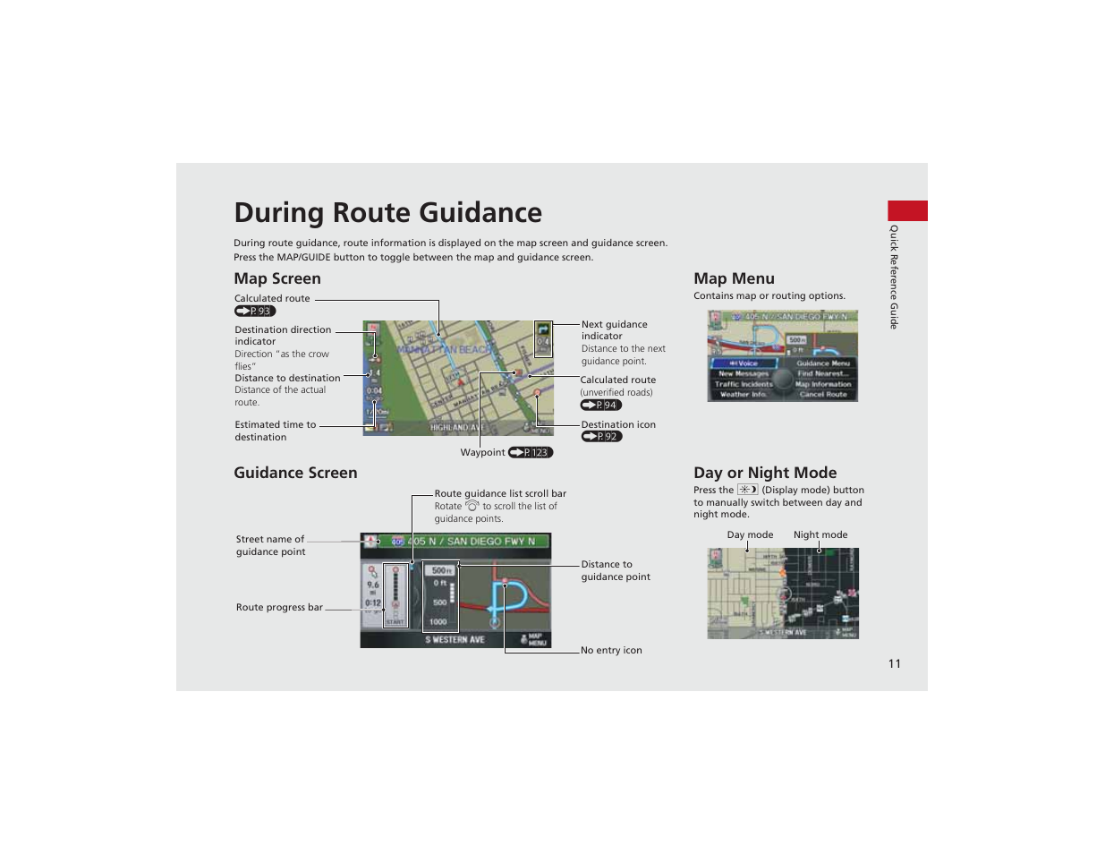 During route guidance, Map screen guidance screen, Map menu | Day or night mode | Acura 2012 ZDX Navigation User Manual | Page 13 / 251