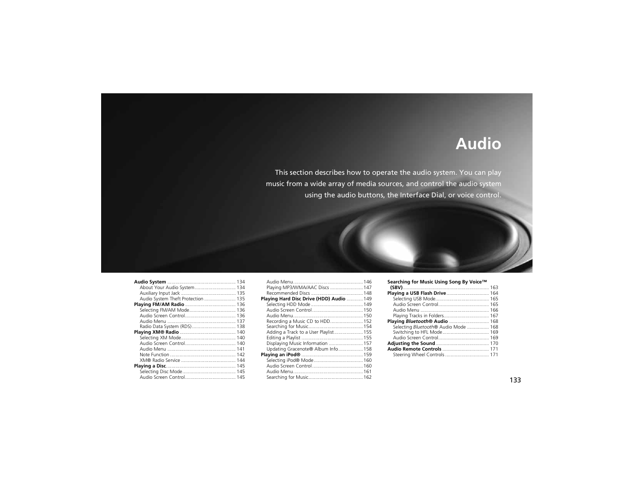 Audio | Acura 2012 ZDX Navigation User Manual | Page 135 / 251